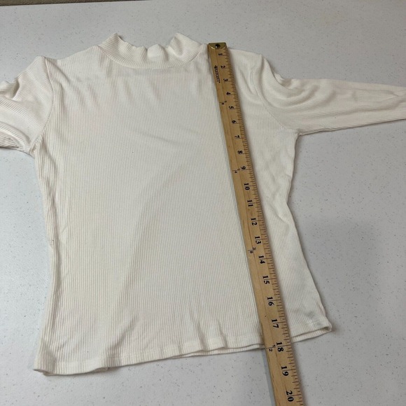 Laia Womens Crop Top Tee White Ribbed Knit Mock Neck Long Sleeve Fitted Preppy - Picture 8 of 9